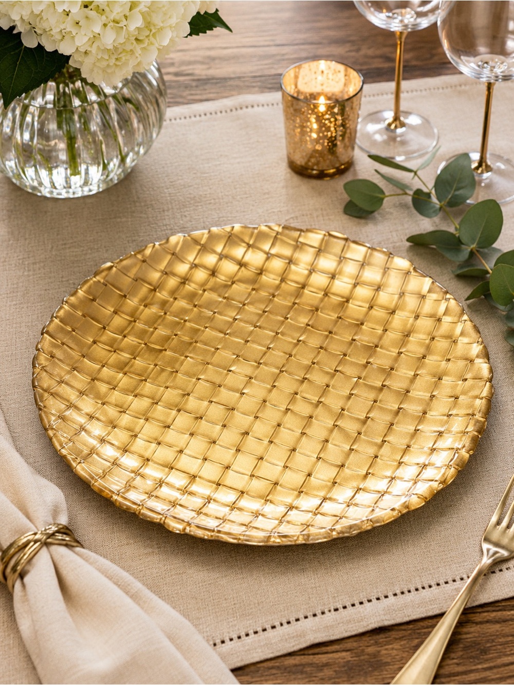 Gold Basketweave Glass Charger Plate 12.5" Decorative Table Setting Charger